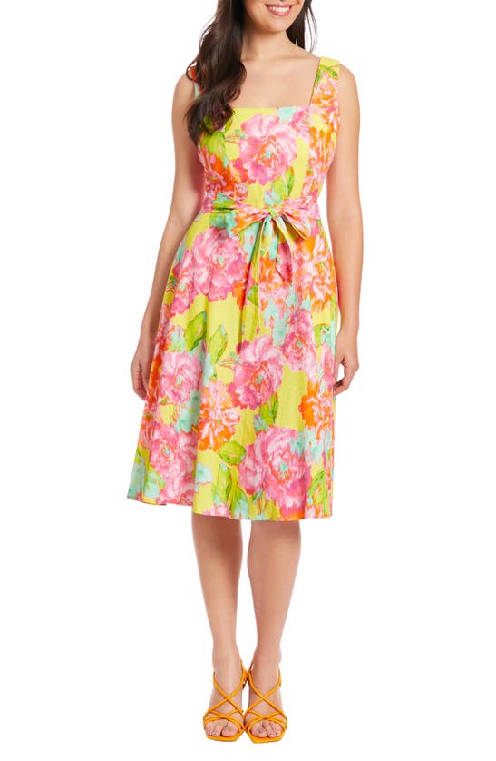 LONDON TIMES FLORAL LINEN BLEND FIT & FLARE DRESS