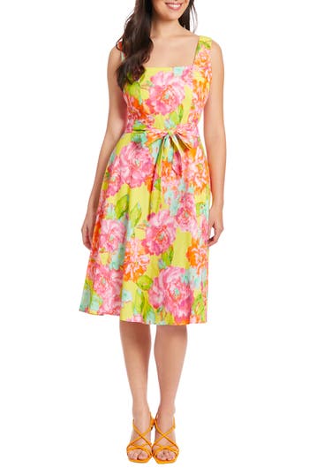 Shop London Times Floral Linen Blend Fit & Flare Dress In Yellow/pnk