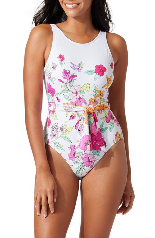Tommy Bahama Belted Floral One-piece Swimsuit In White