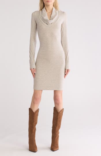 Go Couture Cowl Neck Long Sleeve Minidress In Marble Rib
