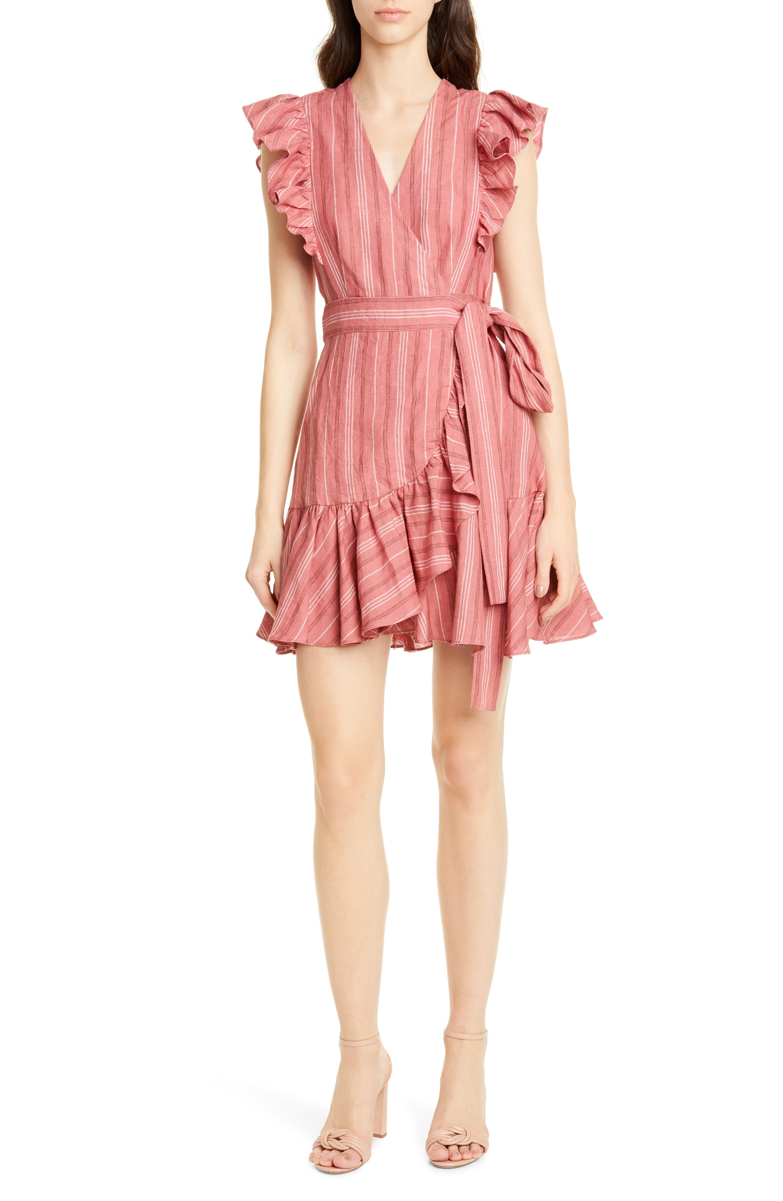 Rebecca Taylor Stripe Ruffle Sleeveless Linen Wrap Dress