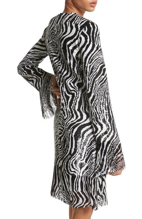 Michael Kors Collection Sequin Zebra Stripe Fringe Minidress In 061 Black/optic White