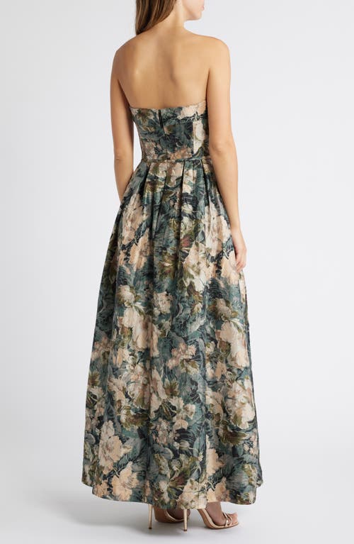 Tahari Asl Floral Strapless Ball Gown In Blush Sage Multi