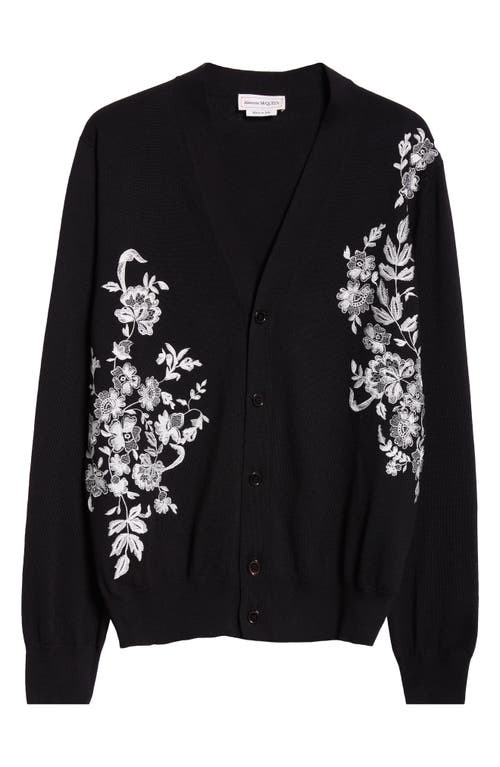 Alexander McQueen Floral Embroidered Wool Cardigan Black/Ivory at Nordstrom,