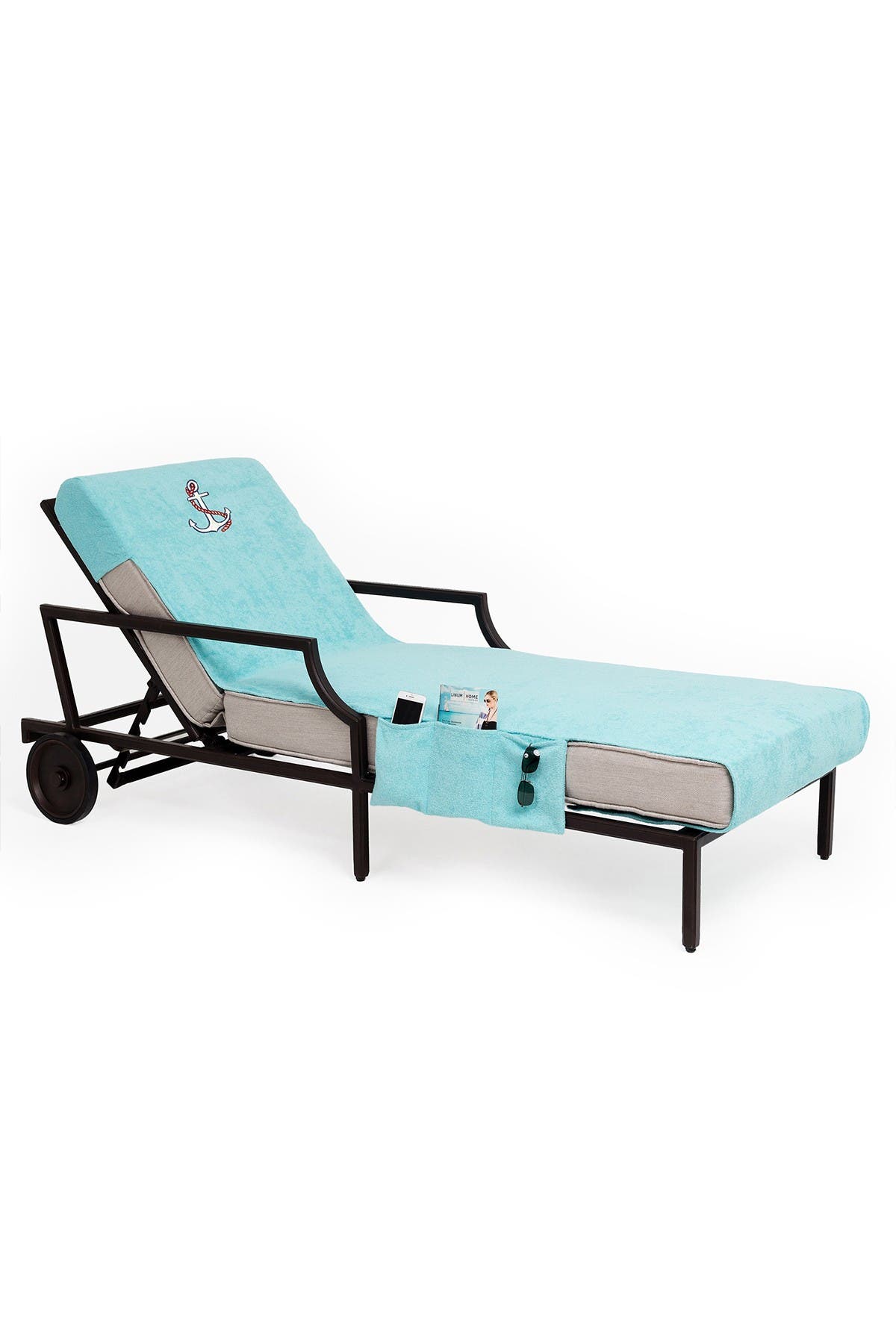 Linum Home 100% Turkish Cotton Anchor Embroidered Standard Size Chaise Lounge Cover With Side Pockets In Turquoise/aqua