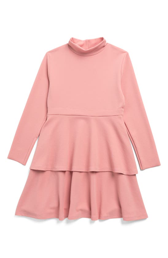 Ava & Yelly Kids' Mock Neck Long Sleeve Tiered Dress In Blush
