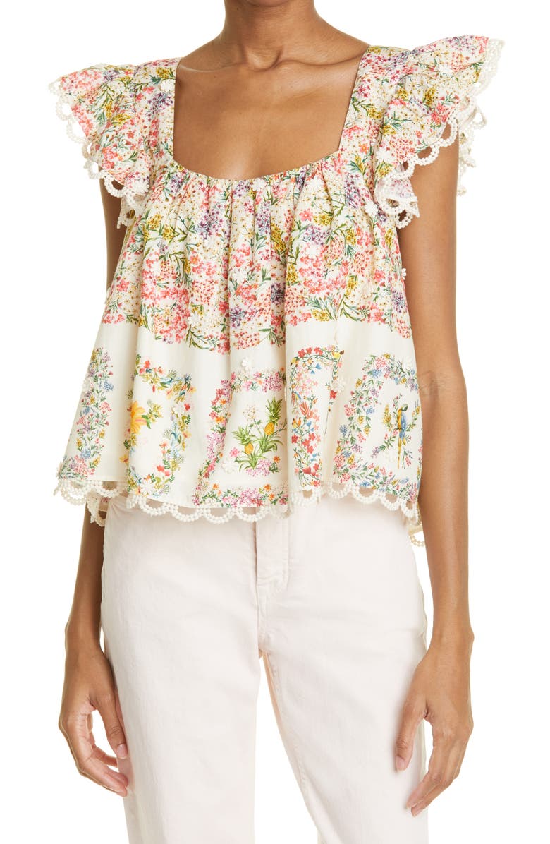 FARM RIO Delicate Forest Scarf Print Cotton Top, Main, color, OFF-WHITE
