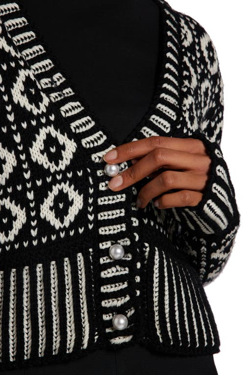 Shop Golden Goose Imitation Pearl Geo Nordic Jacquard Crop Wool Cardigan In Antique White/black