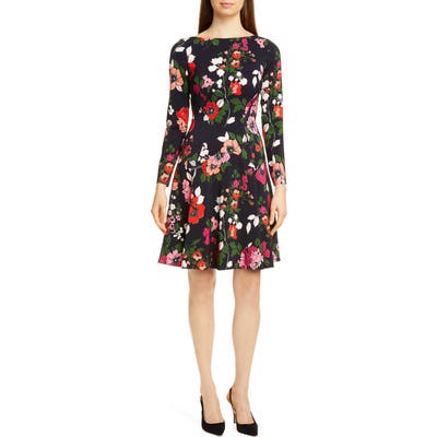 Lela Rose Floral Long Sleeve Wool Blend Dress, Pink