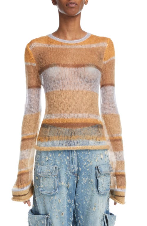 Acne Studios Karis Stripe Open Stitch Crewneck Mohair & Wool Blend Sweater in Brown/Multi