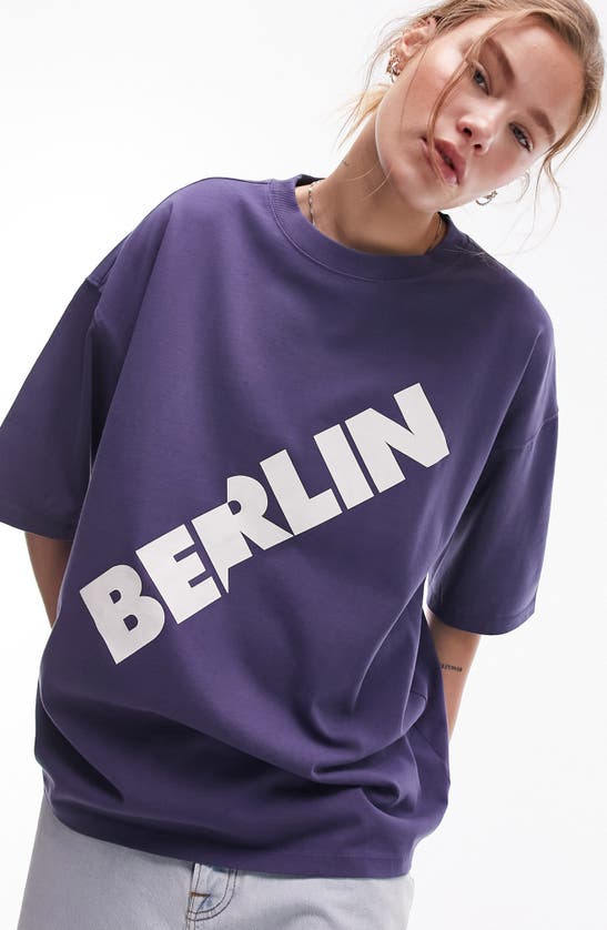 Shop Topshop Berlin Oversize Graphic T-shirt In Mid Blue