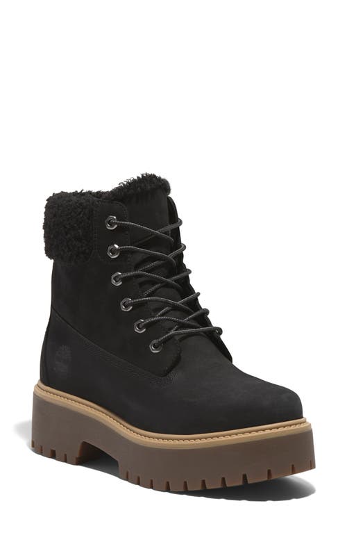 Timberland Stone Street Waterproof Faux Fur Lined Platform Boot In Black Nubuck