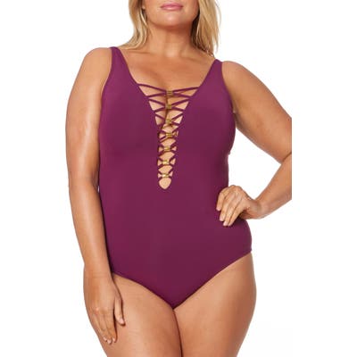 Plus Size Bleu By Rod Beattie Lace Down One-Piece Swimsuit, Purple