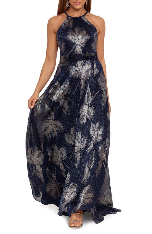 Betsy & Adam Metallic Sleeveless Gown In Blue