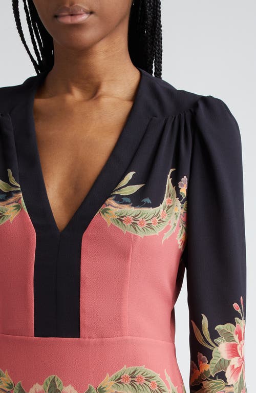 Shop Etro Placed Print Long Sleeve Stretch Crepe Dress In Navy/pink