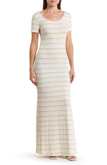 Shop Go Couture Stripe Short Sleeve Rib Maxi Dress In Ivory/ice Cream Stripe