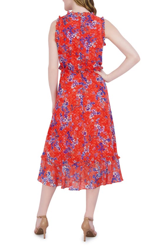 Shop Julia Jordan Floral Swiss Dot Sleeveless Midi Dress In Orange Multi