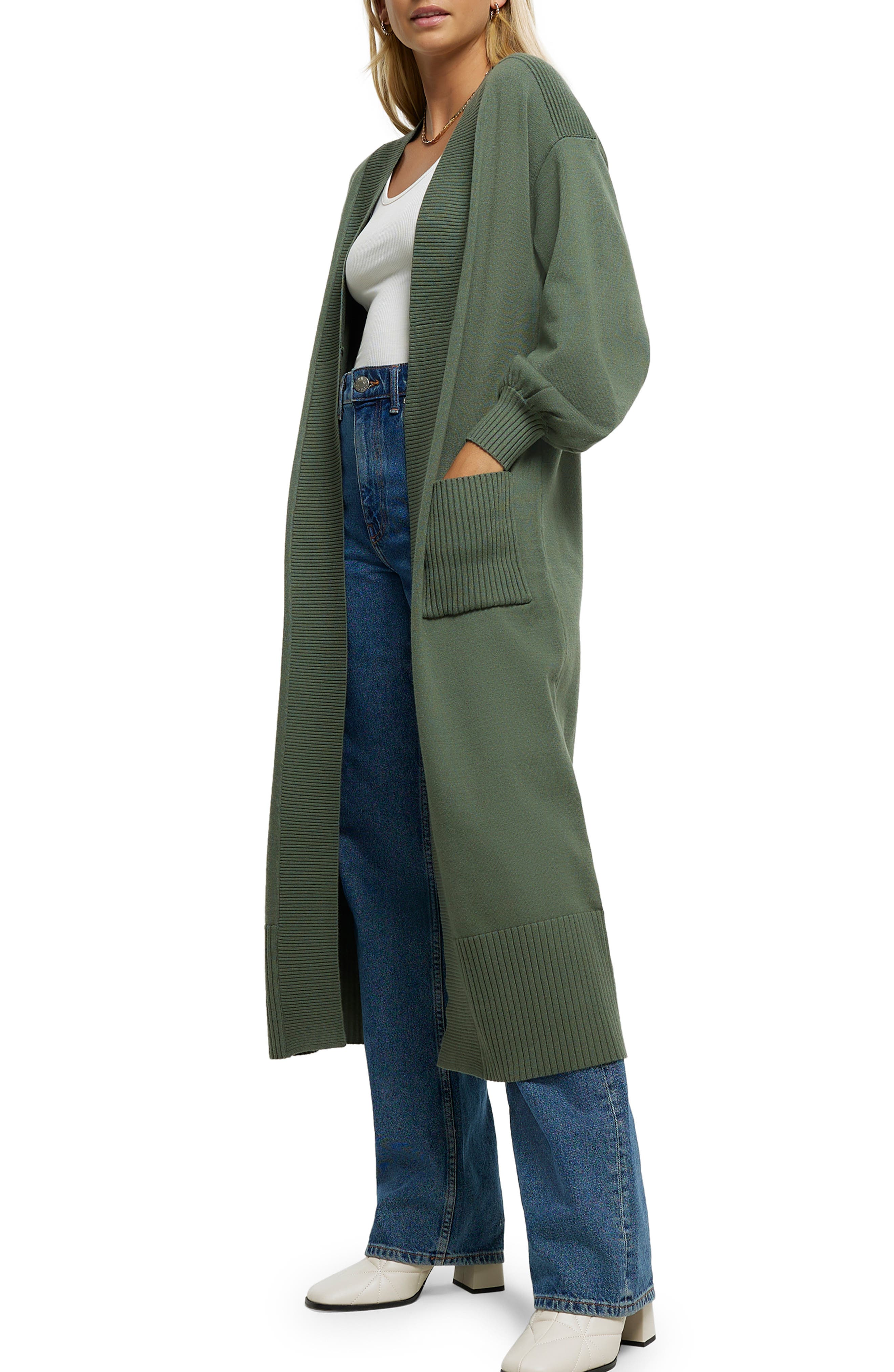 River Island Mixed Rib Open Front Maxi Cardigan in Khaki Smart