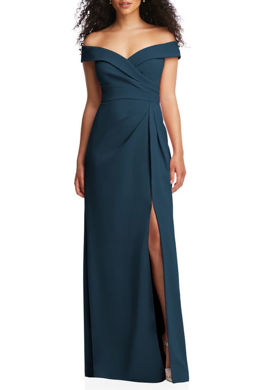 Off the Shoulder Crepe Gown in Atlantic Blue