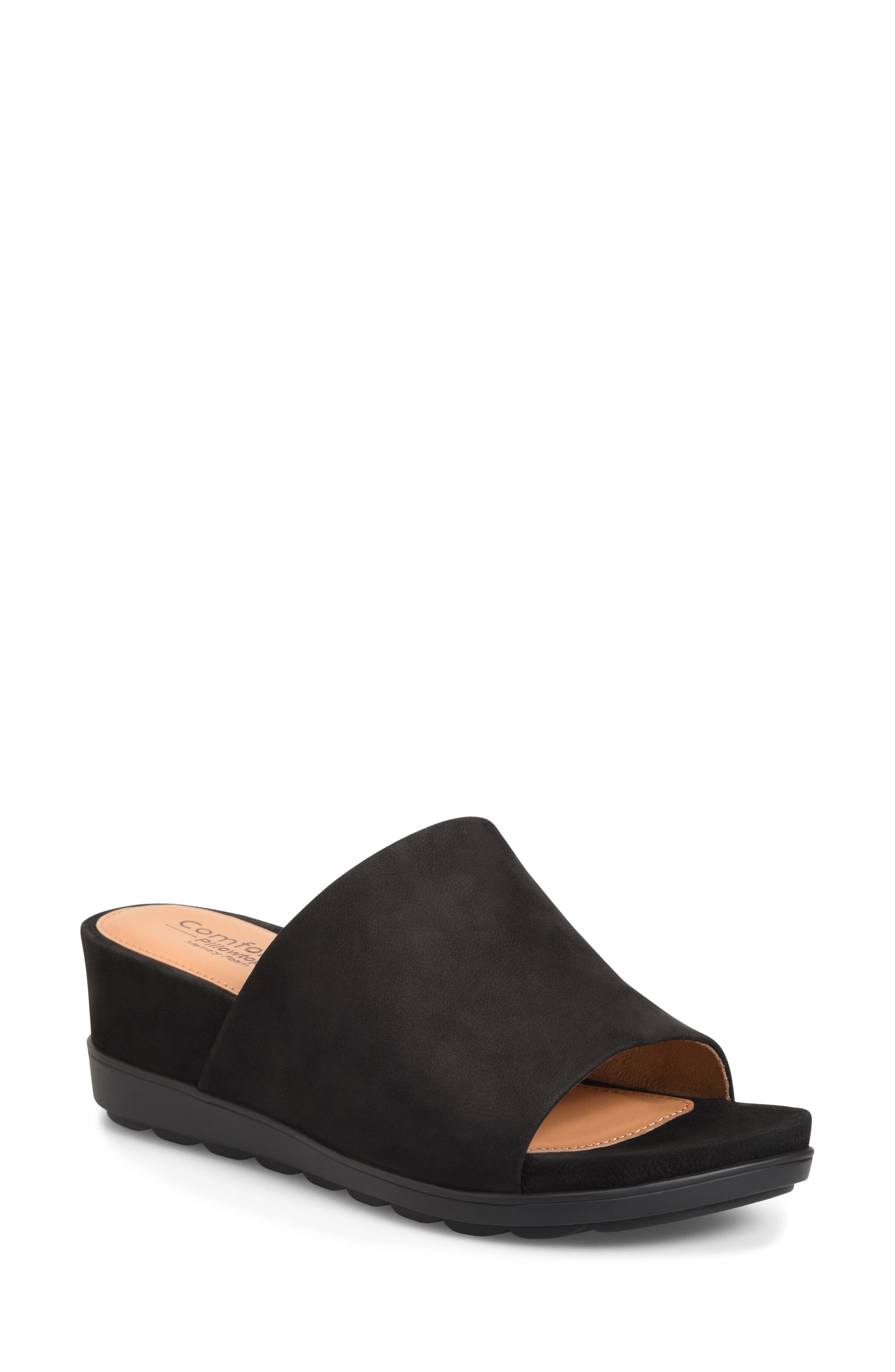 black slide wedge sandals