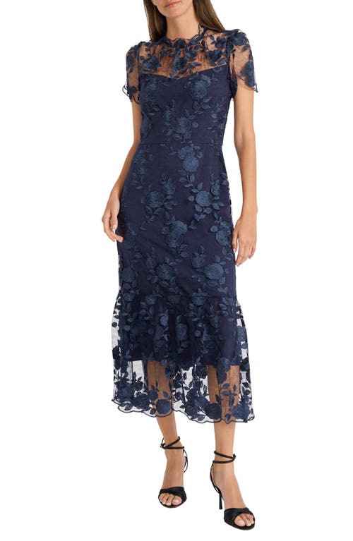 Maggy London Embroidered Floral Overlay Cocktail Dress In Twilight Navy
