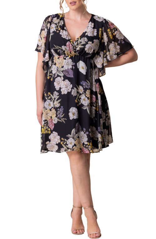 Shop Kiyonna Florence Flutter Sleeve Dress In Midnight Peony Print