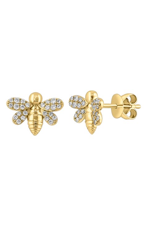 14K Yellow Gold Bee Diamond Stud Earrings - 0.21ct.