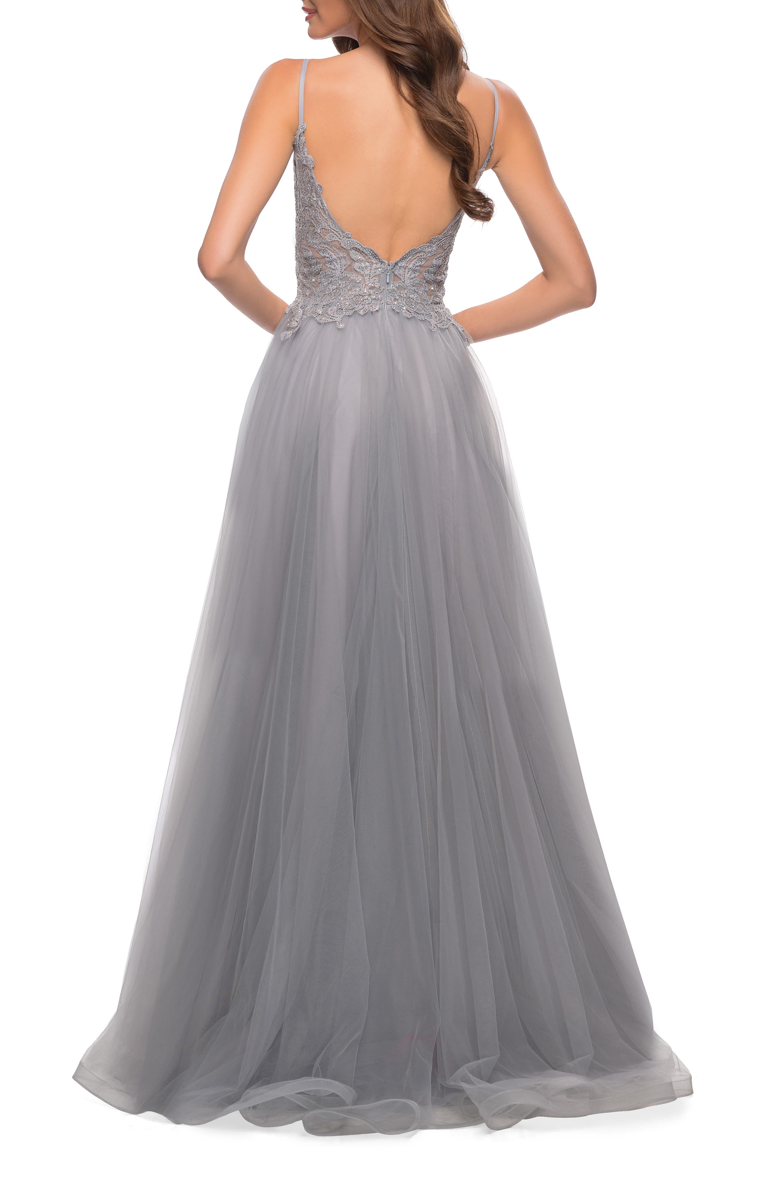 embroidered illusion plunge ball gown