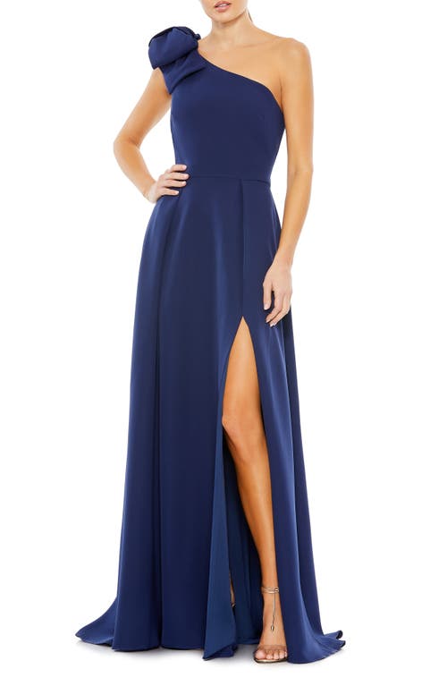 Ieena for Mac Duggal Bow One-Shoulder A-Line Gown Midnight at Nordstrom,