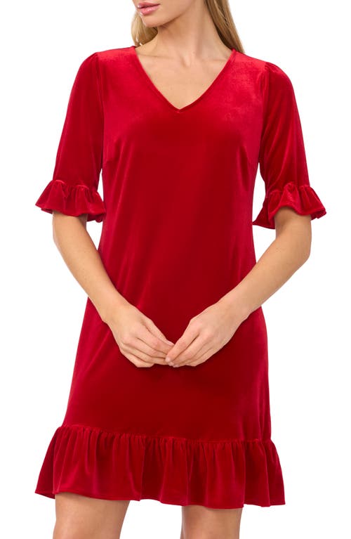 Cece V Neck Elbow Sleeve Velvet Minidress In Luminous Red