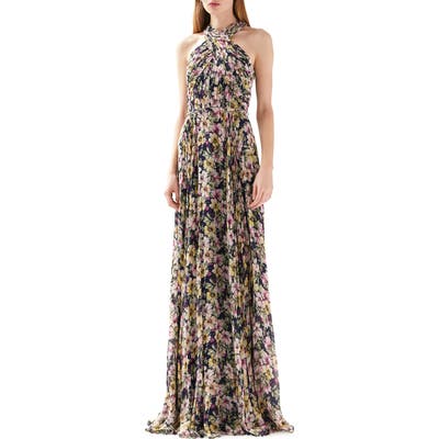 Ml Monique Lhuillier Floral Print Halter Neck Gown, Blue