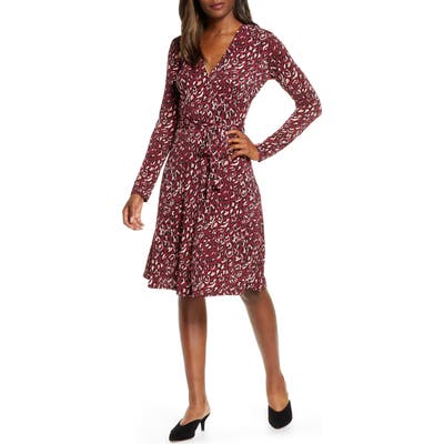 Leota Perfect Long Sleeve Faux Wrap Dress, Burgundy