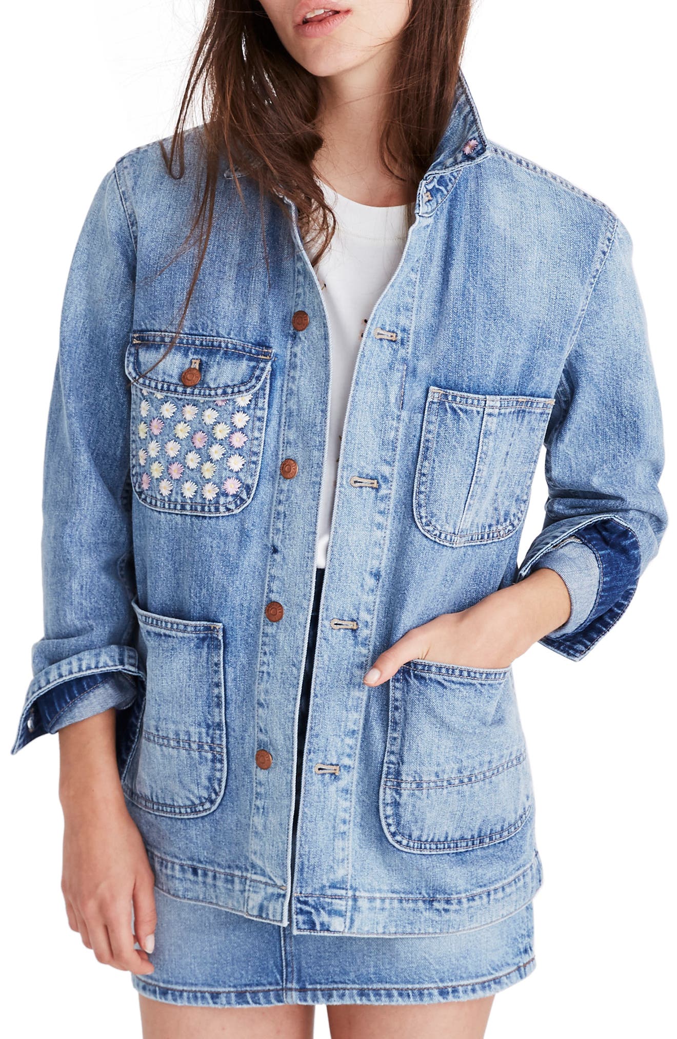 Madewell Embroidered Denim Chore Coat, Blue