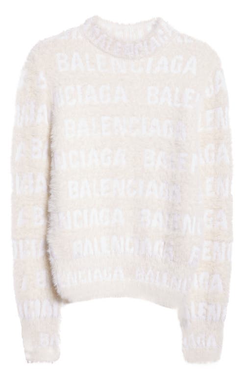 Shop Balenciaga Fitted Furry Logo Jacquard Wool Blend Sweater In 9002 Ivory