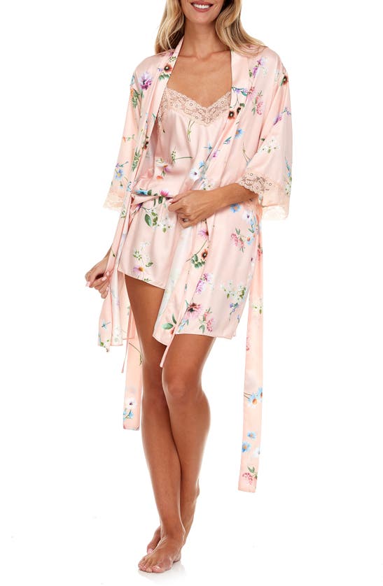 Shop Flora Nikrooz Sabrina Floral Print Satin Short Pajamas & Robe Set In Peach