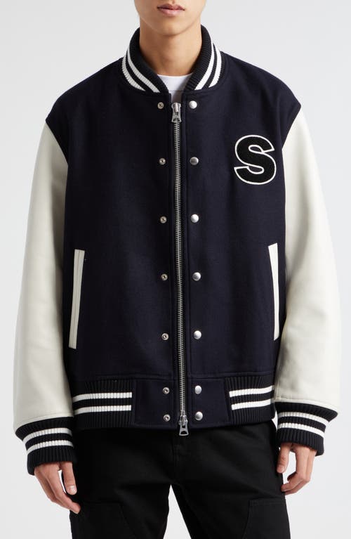 AMG Logo Embroidered Wool & Leather Varsity Jacket in Navy Off White