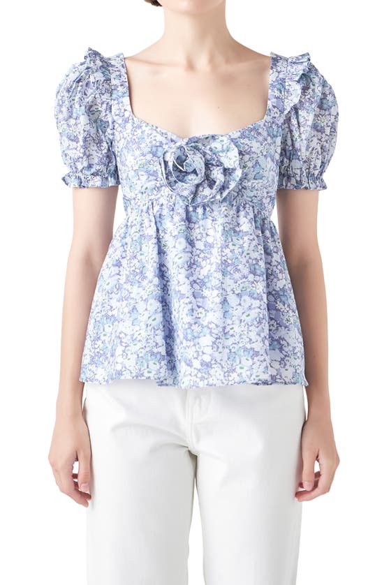 English Factory Floral Print Top With Flower Blue Multi In Blue Multi