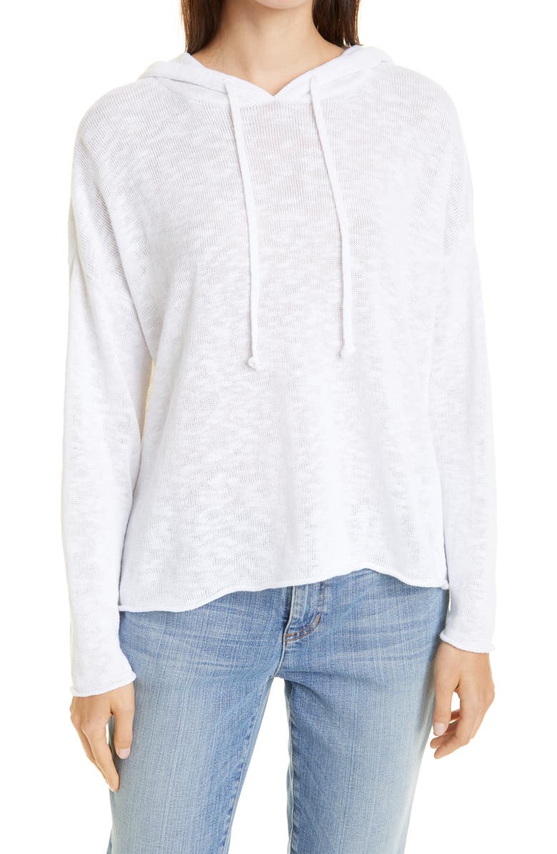 EILEEN FISHER Organic Linen & Cotton Slub Knit Hooded Pullover, Main, color, WHITE