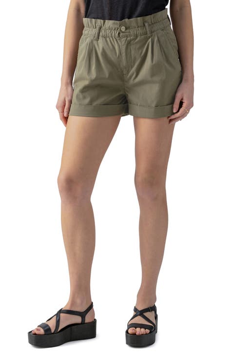 Women's Solid Paper Bag Waist Belted Shorts Army Green XL(12)