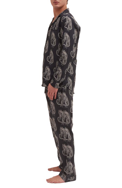 Desmond & Dempsey Tiger Print Long Sleeve Cotton Pajamas In Black/cream