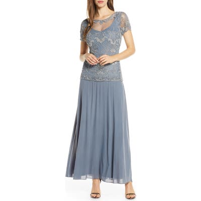 Petite Pisarro Nights Beaded Illusion Neck Chiffon Gown, Metallic