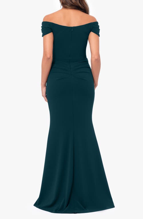 Shop Xscape Evenings Ruched Scuba Off The Shoulder Gown In Pine