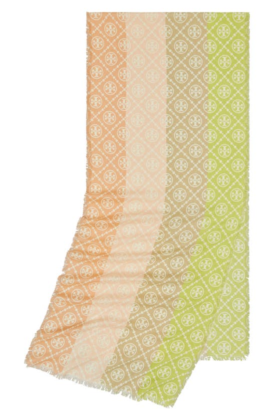 Shop Tory Burch T-monogram Multistripe Oblong Scarf In Multi Stripe Chartreuse