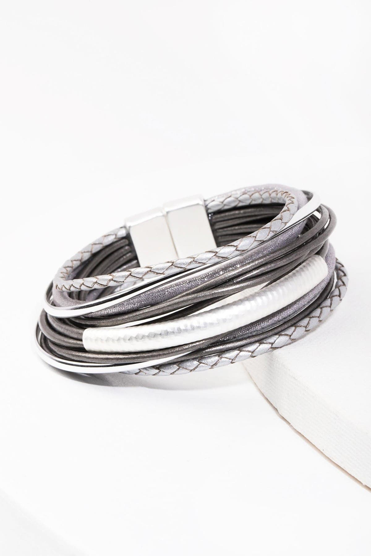 Saachi Sophisticated Hammered Tube Leather & Faux Suede Multi-strand Bracelet In Dark Grey