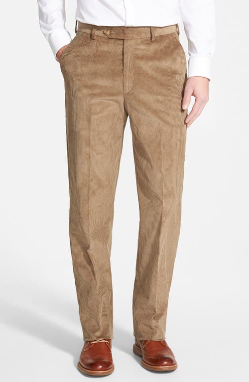 Berle Flat Front Classic Fit Corduroy Trousers in Tan