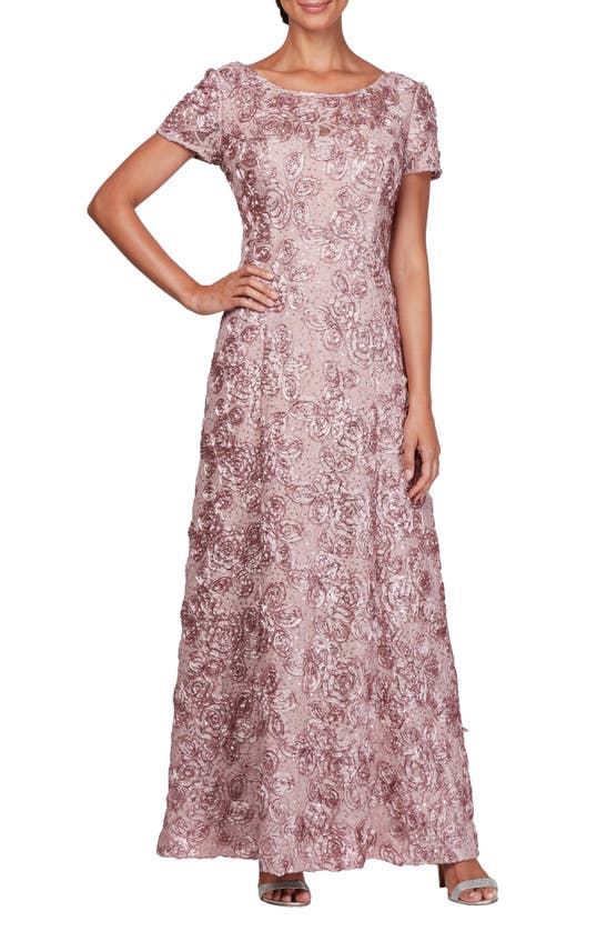 Alex Evenings Short Sleeve Lace Gown In Rose