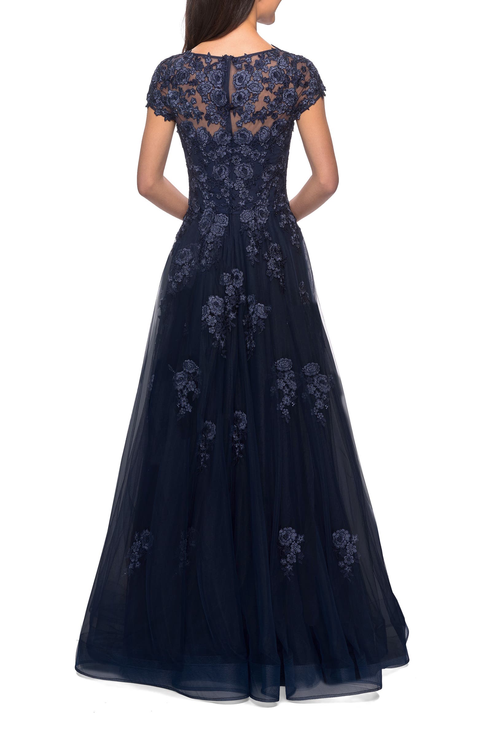 La Femme Embellished Mesh A-Line Gown | Nordstrom