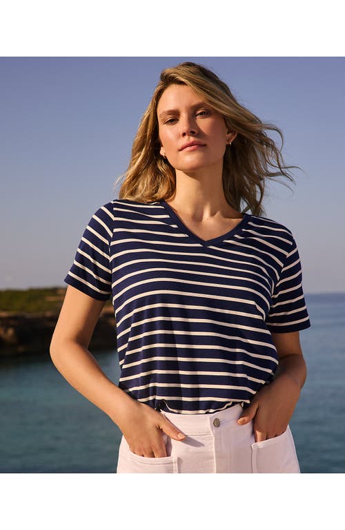 Lands' End Relaxed Supima Cotton V-neck T-shirt In Deep Sea Navy Breton Stripe