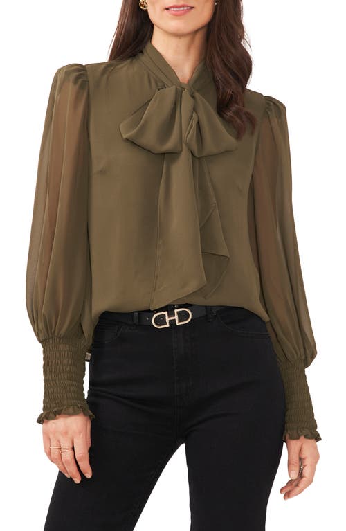 Vince Camuto Sheer Balloon Sleeve Bow Blouse in Light Olive