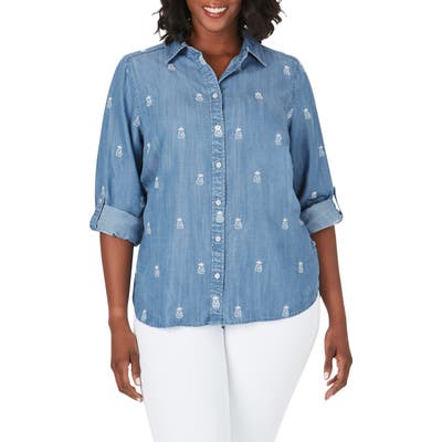 Plus Size Foxcroft Carmen Embroidered Pineapple Chambray Shirt, Blue